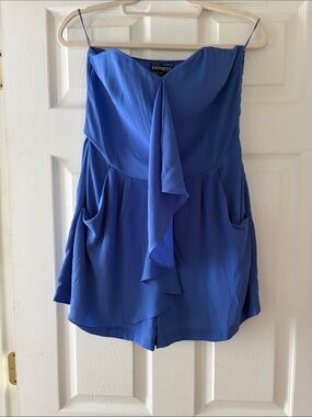 Express Cobalt Blue Strapless Romper with Draped Front